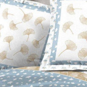 Visuel zoom détails taies d'oreiller, parure de draps ginko bleu, visuel d'ambiance, parure en 4 pièces en flanelle